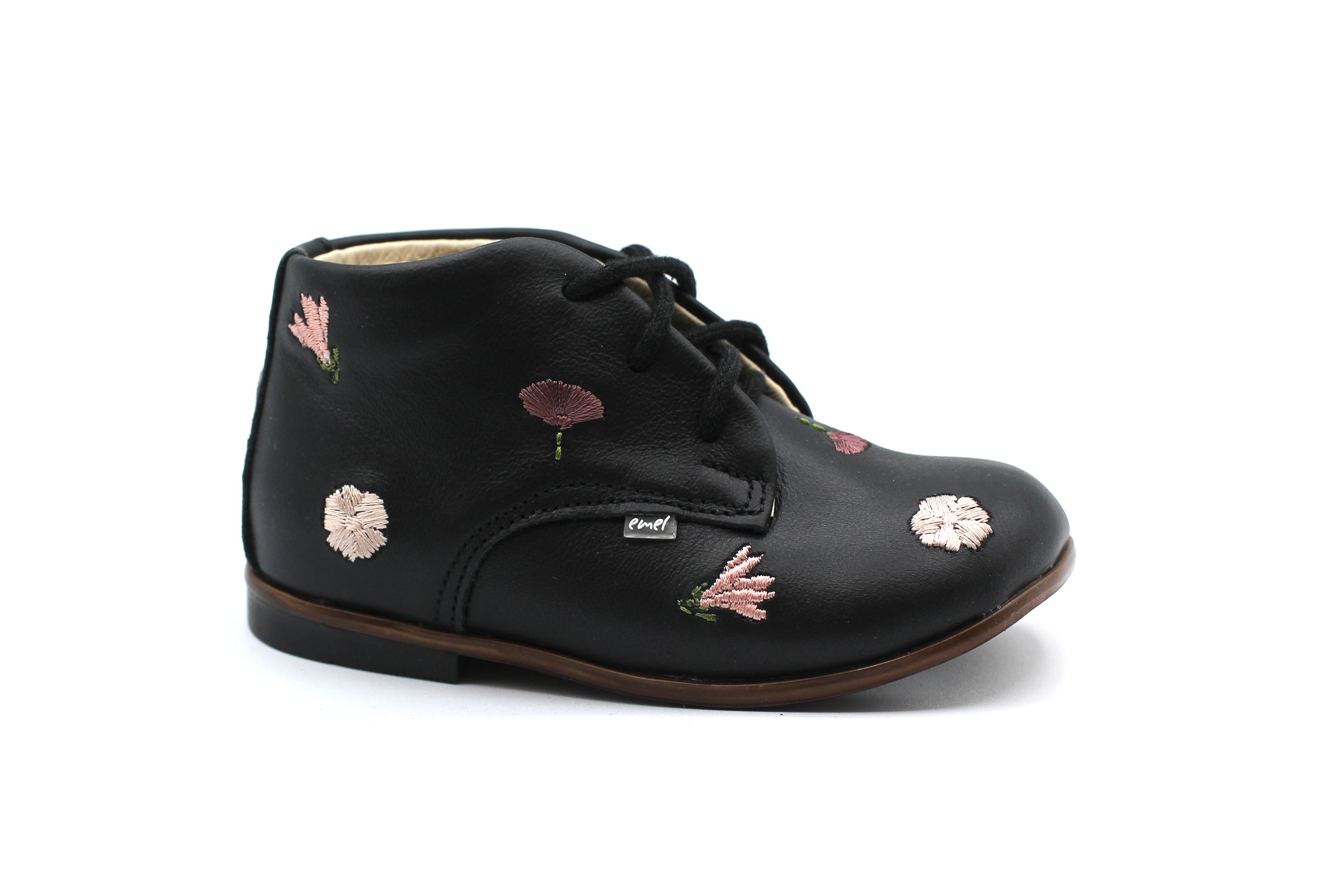 Emel Black Leather With Pink Embroidery Embroidered Bootie