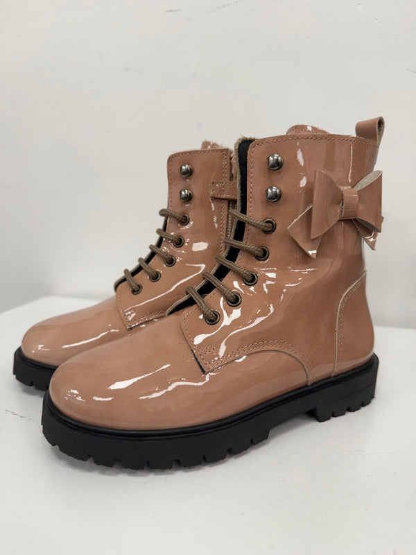 Don Louis Pink Patent Bow Combat Bootie