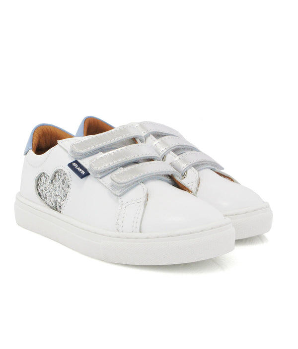 Atlanta White Smooth & Silver Metalic With Glitter Heart Sneaker Three Straps