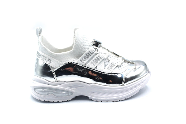 Karl Lagerfeld White and Silver Elastic Lace Sneakers