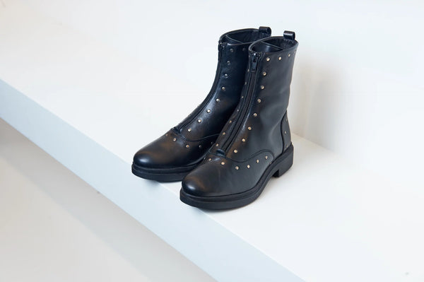 Valencia Black Leather Bootie with Silver Studs